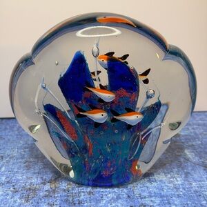 Murano Style Glass Aquarium Fish Paperweight - Blue & Orange Art Glass